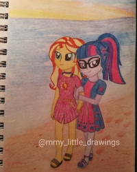 Size: 1042x1303 | Tagged: safe, artist:mmy_little_drawings, sci-twi, sunset shimmer, twilight sparkle, equestria girls, equestria girls series, g4, spring breakdown, spoiler:eqg series (season 2), beach, clothes, dress, eyelashes, feet, female, glasses, lesbian, outdoors, sandals, ship:sci-twishimmer, ship:sunsetsparkle, shipping, smiling, traditional art, watermark