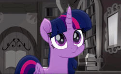 Size: 582x356 | Tagged: safe, screencap, twilight sparkle, alicorn, pony, g4, rainbow roadtrip, animated, book, bookshelf, cropped, cute, eye shimmer, gif, library, smiling, solo, sweet dreams fuel, twiabetes, twilight sparkle (alicorn), weapons-grade cute