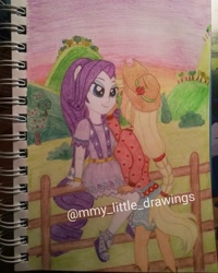 Size: 1080x1350 | Tagged: safe, artist:mmy_little_drawings, applejack, rarity, equestria girls, g4, my little pony equestria girls: legend of everfree, clothes, cottagecore, countryside, eyelashes, female, fence, hat, hill, lesbian, outdoors, ponied up, pony ears, ship:rarijack, shipping, sitting, skirt, traditional art, watermark