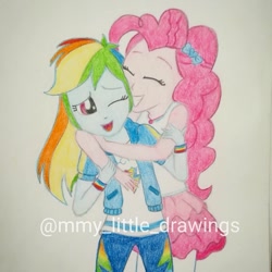 Size: 993x993 | Tagged: safe, artist:mmy_little_drawings, pinkie pie, rainbow dash, equestria girls, g4, my little pony equestria girls: better together, bow, clothes, cutie mark, cutie mark on clothes, eyes closed, female, geode of sugar bombs, grin, hair bow, hug, jacket, lesbian, magical geodes, one eye closed, open mouth, pants, ship:pinkiedash, shipping, skirt, smiling, traditional art, watermark, wink