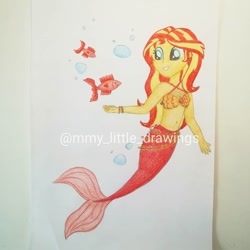 Size: 1080x1080 | Tagged: safe, artist:mmy_little_drawings, sunset shimmer, fish, mermaid, equestria girls, g4, belly button, bikini, bikini top, bubble, clothes, eyelashes, female, grin, mermaid tail, mermaidized, smiling, solo, species swap, swimsuit, traditional art, underwater, watermark
