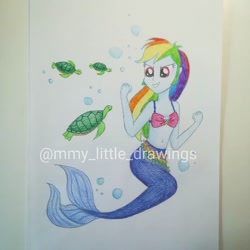 Size: 1080x1080 | Tagged: safe, artist:mmy_little_drawings, rainbow dash, mermaid, equestria girls, g4, belly button, bikini, bikini top, bubble, clothes, eyelashes, female, grin, mermaid tail, mermaidized, sea turtle, smiling, solo, species swap, swimsuit, traditional art, underwater, watermark
