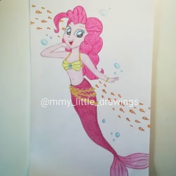 Size: 1080x1080 | Tagged: safe, artist:mmy_little_drawings, pinkie pie, fish, mermaid, equestria girls, g4, :d, belly button, bikini, bikini top, bubble, clothes, eyelashes, female, mermaid tail, mermaidized, open mouth, smiling, solo, species swap, swimsuit, traditional art, underwater, watermark