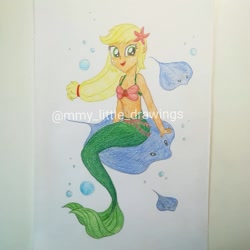 Size: 1049x1049 | Tagged: safe, artist:mmy_little_drawings, applejack, manta ray, mermaid, starfish, equestria girls, g4, :d, belly button, bikini, bikini top, bubble, clothes, eyelashes, female, freckles, mermaid tail, mermaidized, open mouth, sitting, smiling, solo, species swap, swimsuit, traditional art, underwater, watermark
