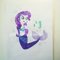 Size: 1080x1080 | Tagged: safe, artist:mmy_little_drawings, rarity, mermaid, seahorse, equestria girls, g4, :d, belly button, bikini, bikini top, bubble, clothes, eyelashes, female, mermaid tail, mermaidized, mermarity, open mouth, smiling, solo, species swap, swimsuit, traditional art, underwater, watermark