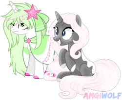 Size: 1548x1278 | Tagged: safe, artist:amgiwolf, oc, oc only, pony, unicorn, clothes, colored hooves, dress, duo, eyelashes, female, grin, horn, mare, simple background, smiling, tired, transparent background, unicorn oc