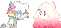Size: 2888x1366 | Tagged: safe, artist:amgiwolf, oc, oc only, earth pony, pony, annoyed, base used, bust, duo, earth pony oc, multicolored hair, open mouth, rainbow hair, simple background, transparent background, worried