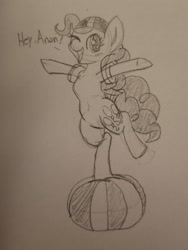 Size: 1960x2608 | Tagged: safe, artist:legendoflink, pinkie pie, earth pony, pony, g4, balancing, beach ball, cute, diapinkes, floating wings, hat, one eye closed, open mouth, speech bubble, standing, standing on one leg, swimming cap, text, traditional art, wings, wink