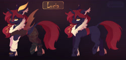 Size: 4996x2393 | Tagged: safe, artist:ignis, oc, oc only, oc:lucia, changeling, moth, mothling, original species, armor, clothes, commission, glasses, lidded eyes, pants, red changeling, solo, unamused