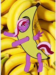 Size: 1717x2289 | Tagged: safe, artist:djmatinext, oc, oc only, oc:lavender sound, pegasus, pony, 1000 hours in ms paint, anatomically incorrect, banana, banana costume, banana suit, bipedal, clothes, costume, dancing, ear piercing, earring, female, food, food costume, jewelry, learning to draw, looking at you, photo, piercing, purple, red eyes, smiling, smiling at you, standing, wings