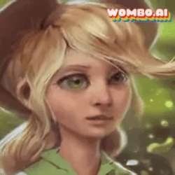 Size: 256x256 | Tagged: safe, artist:assasinmonkey, edit, applejack, human, equestria girls, animated, bust, clothes, cowboy hat, equestria girls outfit, freckles, green, hat, machine learning abomination, messy hair, realistic, solo, sound, stetson, uncanny valley, webm, woman, wombo.ai