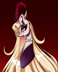 Size: 1080x1350 | Tagged: safe, alternate version, artist:tessa_key_, demon, demon pony, pony, bedroom eyes, bust, clothes, colored, demon horns, devil horns, eyelashes, female, gradient background, hazbin hotel, hellaverse, horns, jewelry, lilith magne, lipstick, mare, necklace, pearl necklace, ponified, queen, queen of hell, smiling, solo, that's entertainment