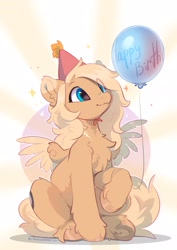 Size: 2480x3508 | Tagged: safe, artist:apple_nettle, oc, oc only, oc:mirta whoowlms, pegasus, pony, balloon, birthday, chest fluff, confetti, happy birthday, hat, high res, not applejack, party hat, smiling, solo, spread wings, underhoof, wings