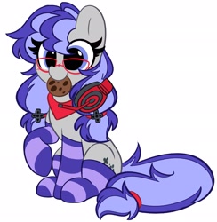 Size: 1999x2048 | Tagged: safe, alternate version, artist:kittyrosie, part of a set, oc, oc only, oc:cinnabyte, earth pony, pony, bandana, chocolate chip cookie, cinnabetes, clothes, commission, cookie, cute, female, food, glasses, headset, mare, mouth hold, ocbetes, simple background, smiling, socks, solo, striped socks, white background, ych result