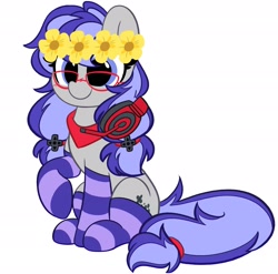 Size: 2048x2022 | Tagged: safe, alternate version, artist:kittyrosie, part of a set, oc, oc only, oc:cinnabyte, earth pony, pony, bandana, cinnabetes, clothes, commission, cute, floral head wreath, flower, glasses, headset, high res, ocbetes, simple background, smiling, socks, solo, striped socks, white background, ych result