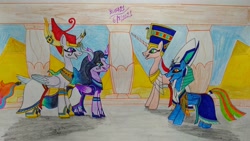 Size: 4160x2340 | Tagged: safe, artist:bsw421, oc, oc:neferneferuaten nefertiti, oc:prince scarab, oc:scarab, alicorn, changeling, original species, pegasus, pony, armband, brother and sister, clothes, egyptian, egyptian headdress, egyptian pony, female, height difference, jewelry, makeup, male, mare, necklace, nefertiti, pharaoh, princess, queen, shoes, siblings, skirt, stallion, temple, traditional art
