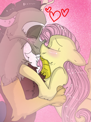 Size: 899x1200 | Tagged: safe, artist:cocolove2176, discord, fluttershy, draconequus, pegasus, pony, g4, 2019, abstract background, blushing, eyes closed, facial hair, female, goatee, heart, holding a pony, hug, male, mare, ship:discoshy, shipping, smiling, straight