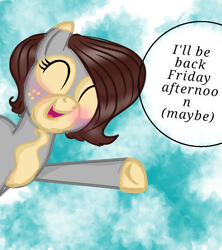 Size: 802x903 | Tagged: safe, artist:cocolove2176, oc, oc only, earth pony, pony, 2019, abstract background, base used, bust, earth pony oc, eyelashes, eyes closed, female, freckles, mare, open mouth, raised hoof, smiling, solo, speech bubble, talking, underhoof