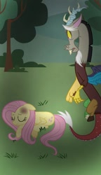 Size: 540x938 | Tagged: safe, artist:cocolove2176, discord, fluttershy, draconequus, pegasus, pony, g4, bruised, duo, eyelashes, eyes closed, female, flying, injured, lying down, male, mare, open mouth, outdoors, prone, tree, wings