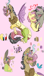 Size: 540x938 | Tagged: safe, artist:cocolove2176, discord, fluttershy, oc, oc:disillusion, draconequus, hybrid, pegasus, pony, g4, baby, bust, draconequus oc, eyelashes, eyes closed, female, heterochromia, horns, interspecies offspring, male, mare, music notes, offspring, open mouth, parent:discord, parent:fluttershy, parents:discoshy, pink background, ship:discoshy, shipping, simple background, smiling, straight, wings