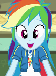Size: 1920x2600 | Tagged: safe, screencap, rainbow dash, equestria girls, g4, happily ever after party, happily ever after party: rainbow dash, my little pony equestria girls: better together, chalkboard, clothes, cropped, cute, cutie mark, cutie mark on clothes, dashabetes, female, geode of super speed, hoodie, magical geodes, open mouth, smiling, solo