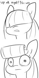 Size: 1000x2000 | Tagged: safe, artist:tjpones, oc, oc only, oc:dot matrix, earth pony, pony, bags under eyes, black and white, blatant lies, bloodshot eyes, bust, explicit source, female, grayscale, hair over eyes, lineart, mare, monochrome, simple background, solo, white background