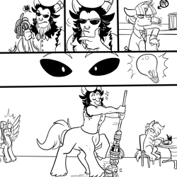 Size: 3000x3000 | Tagged: safe, artist:gingygin, lord tirek, stygian, twilight sparkle, alicorn, pony, unicorn, series:villain cafe, g4, black and white, comic, drink, drinking, female, grayscale, high res, horn, horn ring, lightbulb, male, mare, monochrome, mop, ring, spread wings, stallion, surprised, tied up, twilight sparkle (alicorn), unshorn fetlocks, wings