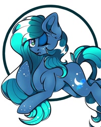 Size: 1080x1350 | Tagged: safe, artist:tessa_key_, oc, oc only, oc:nebula, earth pony, pony, abstract background, ear fluff, earth pony oc, female, lying down, makeup, mare, one eye closed, prone, solo, wink