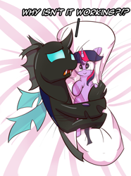 Size: 2227x3000 | Tagged: safe, artist:vultraz, twilight sparkle, changeling, pony, g4, body pillow, depressed, drawthread, high res, hug, pillow, pillow hug, requested art, sad, solo, text