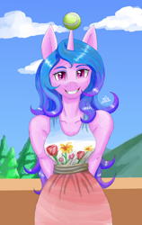 Size: 1200x1900 | Tagged: safe, artist:zachc, izzy moonbow, unicorn, anthro, g5, ball, clothes, cloud, dress, female, horn, horn guard, hornball, izzy's tennis ball, looking at you, sky, smiling, solo, tennis ball