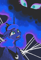 Size: 2808x4097 | Tagged: safe, artist:taytinabelle, princess luna, tantabus, alicorn, pony, g4, anxiety, crying, depressed, disembodied eyes, female, looking up, mare, open mouth, sad, solo, starry night, teary eyes
