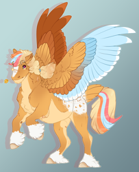 Size: 1636x2013 | Tagged: safe, artist:seffiron, oc, oc only, oc:pyne, pegasus, pony, colored wings, magical lesbian spawn, male, multicolored wings, offspring, parent:applejack, parent:rainbow dash, parents:appledash, solo, stallion, wings