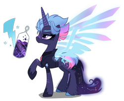 Size: 2000x1632 | Tagged: safe, artist:gihhbloonde, oc, oc only, unnamed oc, pony, unicorn, artificial wings, augmented, closed mouth, clothes, colored hooves, colored horn, colored wings, constellation, ethereal tail, eyeshadow, facial scar, female, glowing, glowing tail, gradient mane, gradient wings, hoof shoes, horn, jacket, leg fluff, leg scar, magic, magic wings, magical lesbian spawn, makeup, mare, nose scar, offspring, parent:rainbow dash, parent:tempest shadow, parents:tempestdash, purple eyes, raised hoof, scar, simple background, smiling, solo, spread wings, standing, starry tail, tail, torn ear, transparent background, unicorn oc, unshorn fetlocks, wings