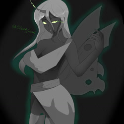 Size: 1280x1280 | Tagged: safe, artist:cr3epymeme, queen chrysalis, human, g4, breasts, busty queen chrysalis, female, gesugao, horn, horned humanization, humanized, partial color, solo, winged humanization, wings