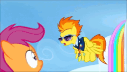 Size: 854x480 | Tagged: safe, ai assisted, ai content, edit, edited screencap, screencap, sound edit, rainbow dash, scootaloo, spitfire, g4, season 8, the washouts (episode), animated, bitchfire, clothes, full body wing and hoof cast drinking through a straw, michael rosen, necktie, nose in the air, shaking, sound, spitfire's tie, sunglasses, uberduck.ai, uniform, webm, whoop-dee-doodle-doo, wonderbolts dress uniform