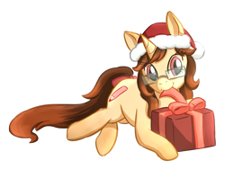 Size: 2823x2124 | Tagged: safe, artist:foxhatart, oc, oc only, oc:autumn scribble, pony, unicorn, female, glasses, high res, lying down, mare, present, prone, simple background, solo, transparent background