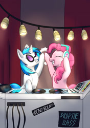 Size: 2054x2920 | Tagged: safe, artist:foxhatart, dj pon-3, pinkie pie, vinyl scratch, earth pony, pony, unicorn, g4, dj booth, duo, headphones, high five, high res, hoofbump, smiling, turntable