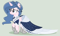 Size: 1280x781 | Tagged: safe, artist:lominicinfinity, oc, oc only, oc:sparkdust knight, alicorn, pony, clothes, dress, female, mare, simple background, solo, two toned wings, wings