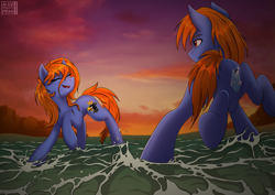 Size: 3341x2361 | Tagged: safe, artist:alicetriestodraw, oc, oc only, oc:prince baltic, oc:princess pomerania, earth pony, pony, fun, high res, laughing, siblings, tribrony, water