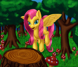 Size: 1280x1112 | Tagged: safe, artist:n64wolf, fluttershy, pegasus, pony, g4, cute, female, forest, mare, mushroom, shyabetes, solo, tree, tree stump