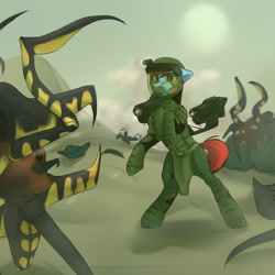 Size: 1500x1500 | Tagged: safe, artist:nika-rain, oc, oc only, beetle, earth pony, insect, pony, armor, dust, gun, sketch, solo, starship troopers, war, weapon