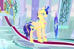 Size: 3000x2000 | Tagged: safe, artist:lightningarrow, oc, oc only, oc:lightning arrow, pony, armor, canterlot, colored wings, crown, ethereal mane, helmet, high res, jewelry, knight, male, multicolored wings, offspring, parent:flash sentry, parent:twilight sparkle, parents:flashlight, regalia, solo, stallion, starry mane, starry wings, wings