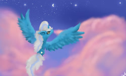 Size: 1280x768 | Tagged: safe, artist:frost-strike, oc, oc:fleurbelle, alicorn, pony, alicorn oc, female, flying, half moon, horn, mare, night, pink cloud, sky, solo, stars, wings, yellow eyes