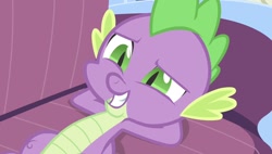 Size: 1266x720 | Tagged: safe, screencap, spike, dragon, equestria games, g4, season 4, arm behind head, couch, male, solo