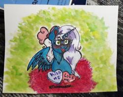 Size: 1280x1008 | Tagged: safe, artist:shaddndraw, oc, oc:fleurbelle, alicorn, pony, alicorn oc, blushing, bow, candy hearts, female, hair bow, heart, hearts and hooves day, horn, mare, solo, traditional art, watercolor painting, wings, yellow eyes