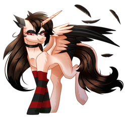 Size: 2100x2000 | Tagged: safe, artist:greenmaneheart, oc, oc only, oc:valeria-chan, alicorn, pony, clothes, feather, female, high res, mare, ponysona, simple background, socks, solo, striped socks, transparent background, two toned wings, wings