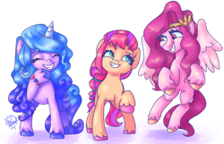 Size: 2950x1900 | Tagged: safe, artist:mannybcadavera, izzy moonbow, pipp petals, sunny starscout, earth pony, pegasus, pony, unicorn, g5, bracelet, braid, eyes closed, female, jewelry, looking at each other, mare, raised hoof, red eyes, red-eyed pipp, signature, simple background, smiling, spread wings, trio, unshorn fetlocks, white background, wings