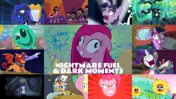 Size: 1280x721 | Tagged: safe, edit, edited screencap, editor:quoterific, screencap, fluttershy, king sombra, manny roar, mean twilight sparkle, pinkie pie, princess cadance, princess celestia, princess luna, queen chrysalis, rarity, tree of harmony, trixie, twilight sparkle, zecora, alicorn, changeling, changeling queen, earth pony, manticore, pegasus, pony, unicorn, zebra, a health of information, a royal problem, do princesses dream of magic sheep, fame and misfortune, for whom the sweetie belle toils, g4, lesson zero, no second prances, party of one, the cutie re-mark, the last roundup, the mean 6, the return of harmony, to where and back again, angry, balloon, bed, bloodshot eyes, cape, clothes, collage, eyes closed, female, floppy ears, flower, golden oaks library, male, mare, messy mane, nightmare fuel, nightmare sunflower, pinkamena diane pie, queen twistalis, stallion, sunflower, swamp fever, trixie's cape, twilight snapple, twilight sparkle (alicorn), unicorn twilight, why i'm creating a gown darling, you know for kids