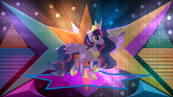 Size: 3840x2160 | Tagged: safe, artist:inaactive, artist:laszlvfx, edit, twilight sparkle, alicorn, pony, g4, the last problem, concave belly, crown, cutie mark, ethereal mane, female, high res, hoof shoes, jewelry, mare, older, older twilight, older twilight sparkle (alicorn), peytral, princess twilight 2.0, raised hoof, regalia, slender, smiling, solo, starry mane, thin, twilight sparkle (alicorn), wallpaper, wallpaper edit