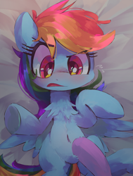 Size: 1727x2287 | Tagged: safe, artist:lexiedraw, rainbow dash, twilight sparkle, pegasus, pony, g4, belly, belly button, bellyrubs, blushing, chest fluff, duo, duo female, eyebrows, female, hooves, lesbian, lying down, mare, on back, ship:twidash, shipping, solo focus, spread wings, wings